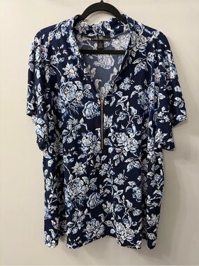 80 Park Navy Floral V Neck Zipper Front Short Sleeve Slinky Shirt 3X